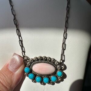 Authentic Pink Conch & Turquoise Sterling Silver Necklace